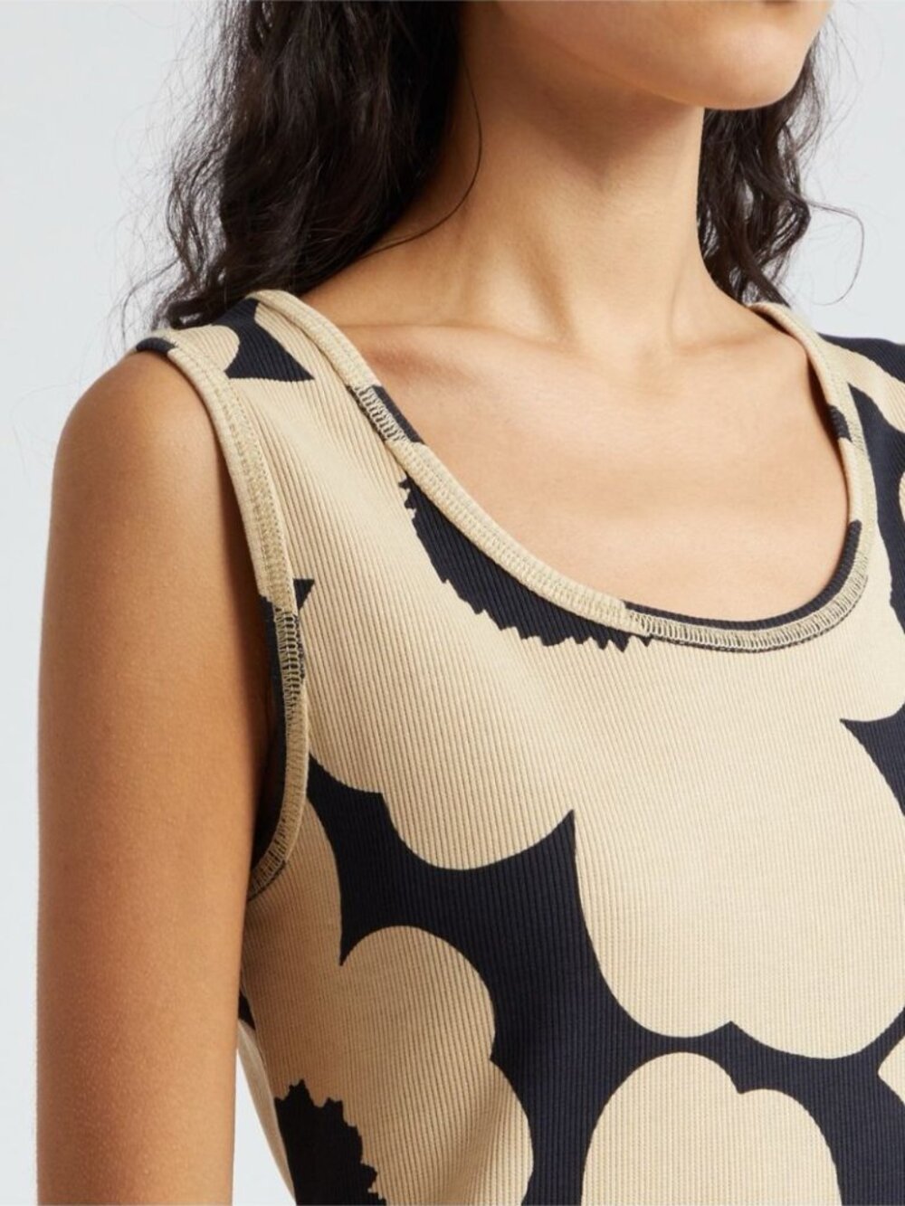 MARIMEKKO Simpukka Unikko Rib Floral Cotton Tank Dress in Beige Black NWT - Picture 10 of 11